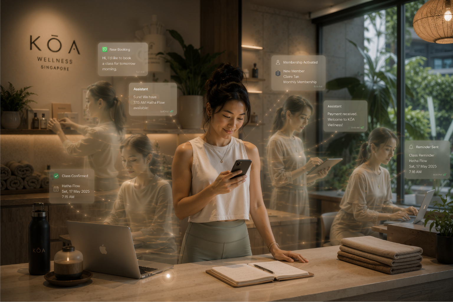 A wellness studio operator focused on her phone while her AI team handles new bookings, memberships, payments and class reminders in parallel