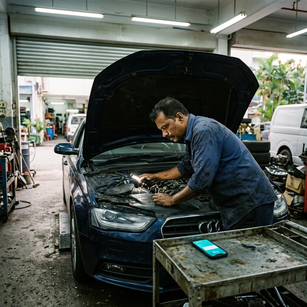 Mechanic working under the hood of a car in a Singapore workshop, phone glowing on the tool tray with a missed enquiry