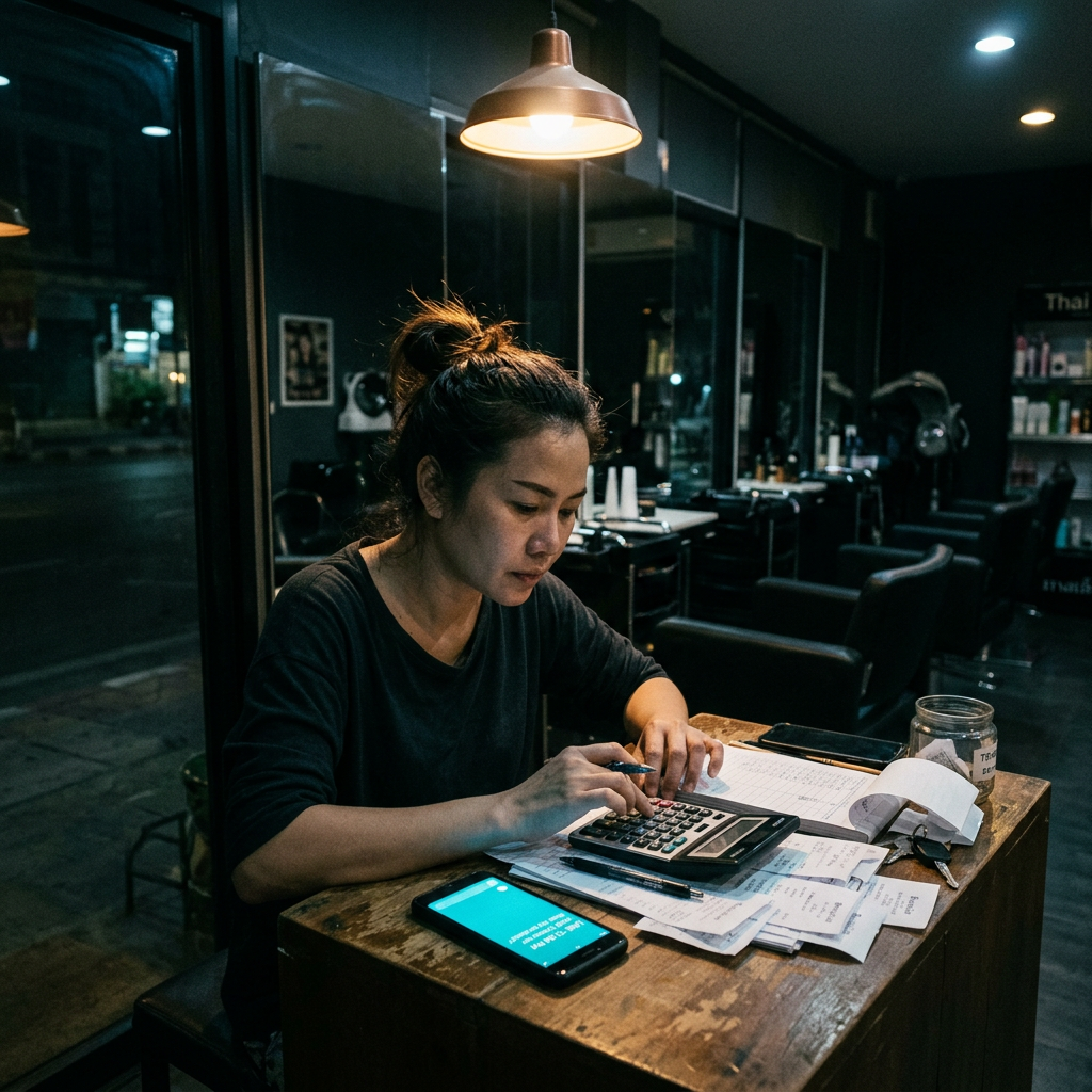 Salon owner reconciling receipts late at night, phone glowing on the counter with a queued message