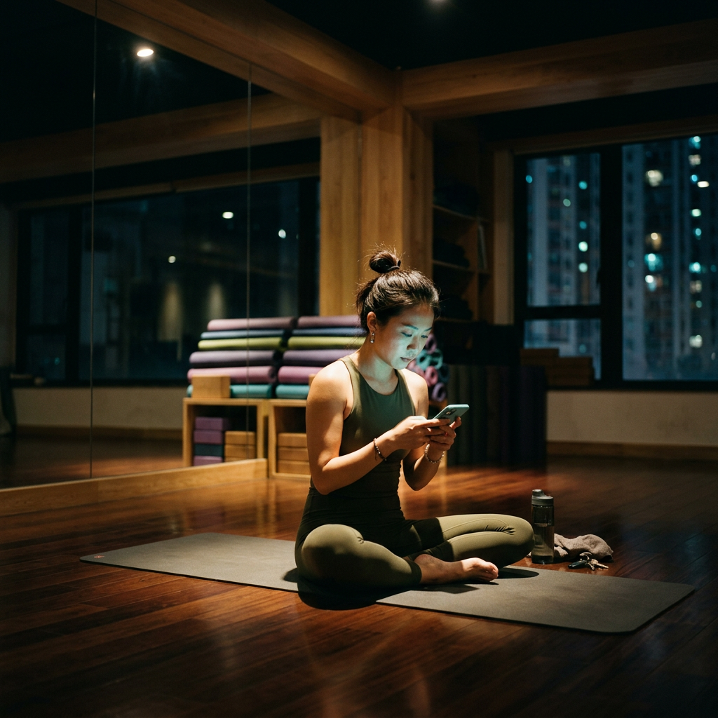 Yoga instructor sitting on a mat in an empty studio after hours, replying to trial-member follow-ups on her phone