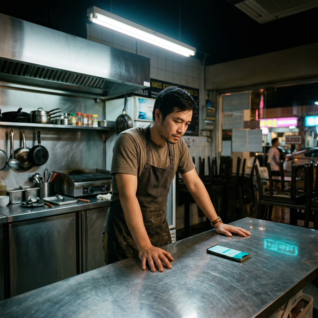 Hawker stall owner at closing time, leaning on his stainless-steel counter with a queued WhatsApp enquiry on his phone