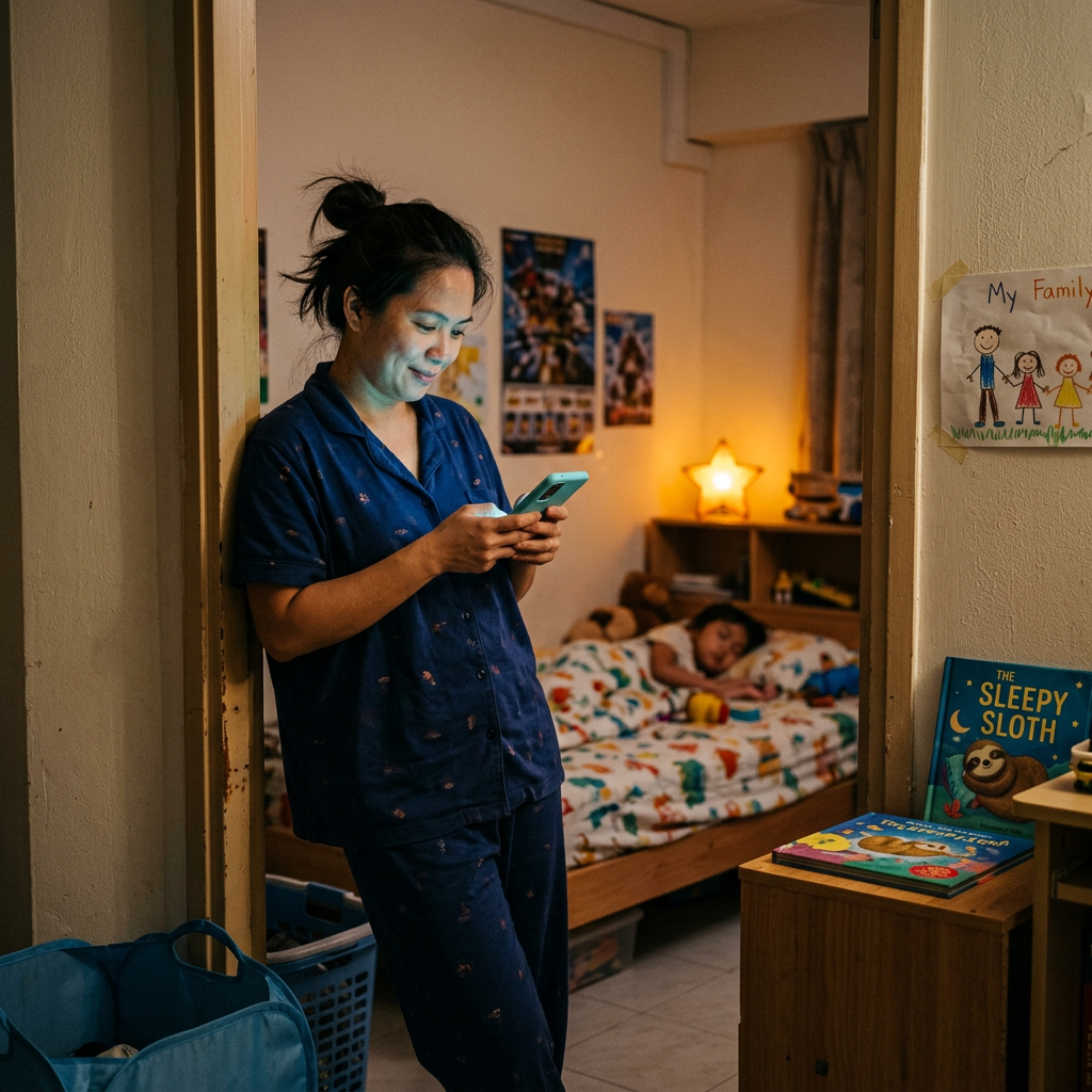 Parent at midnight in the doorway of her child's bedroom, replying to a class enquiry on WhatsApp