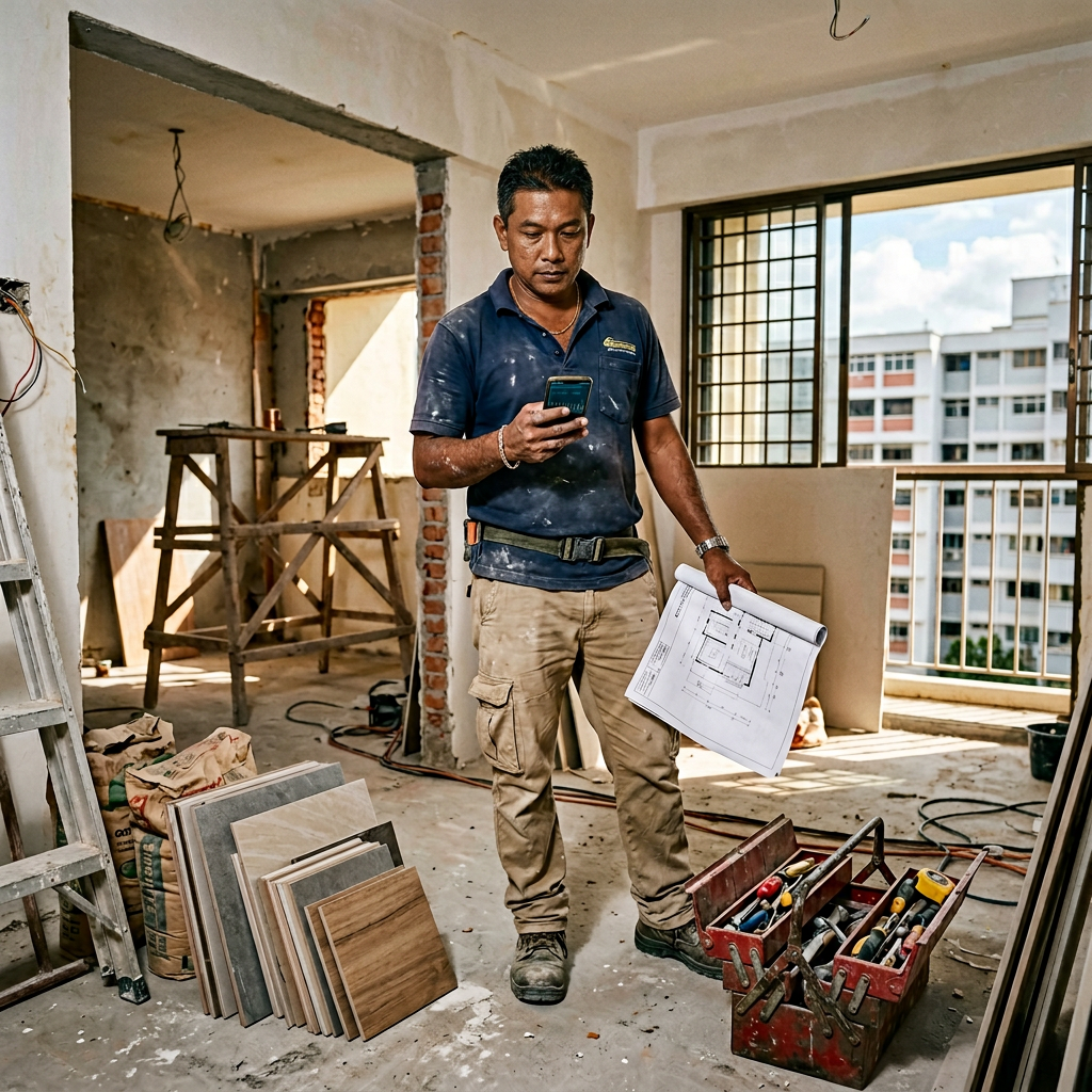 Renovation contractor on an HDB site holding a printed plan and checking WhatsApp on his phone