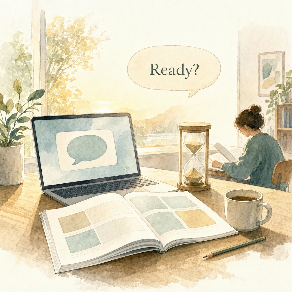 Watercolour illustration of a study desk at golden hour: an open training booklet, a laptop showing a speech bubble, an hourglass mid-flow, and a floating bubble reading Ready?