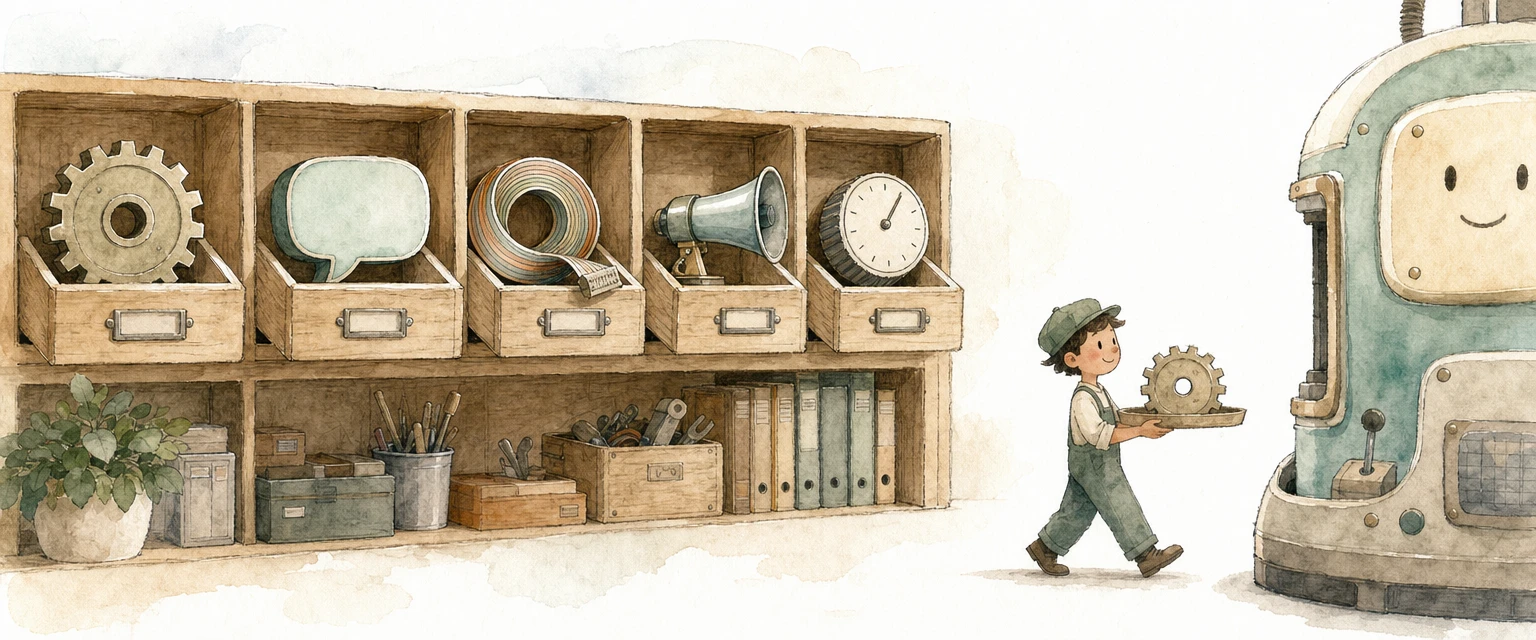Watercolour illustration of a wall of small drawers holding spare parts while a helper carries one chosen part on a tray