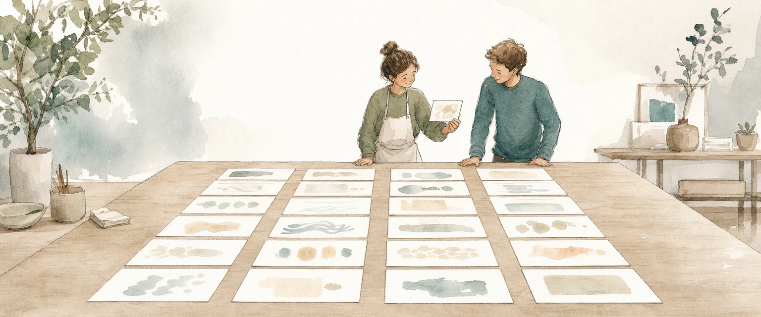 Watercolour illustration of two helpers laying out cards in neat side by side columns on a long table