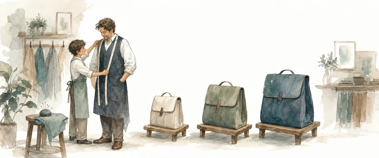 Watercolour illustration of a helper measuring a shop owner with a tailors tape beside three differently sized kits
