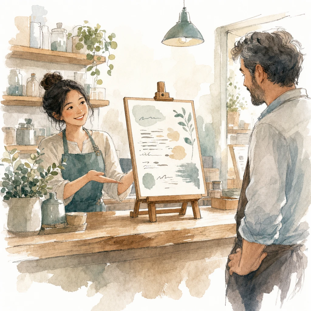 Watercolour illustration of a helper openly presenting a price board on an easel at a shop counter