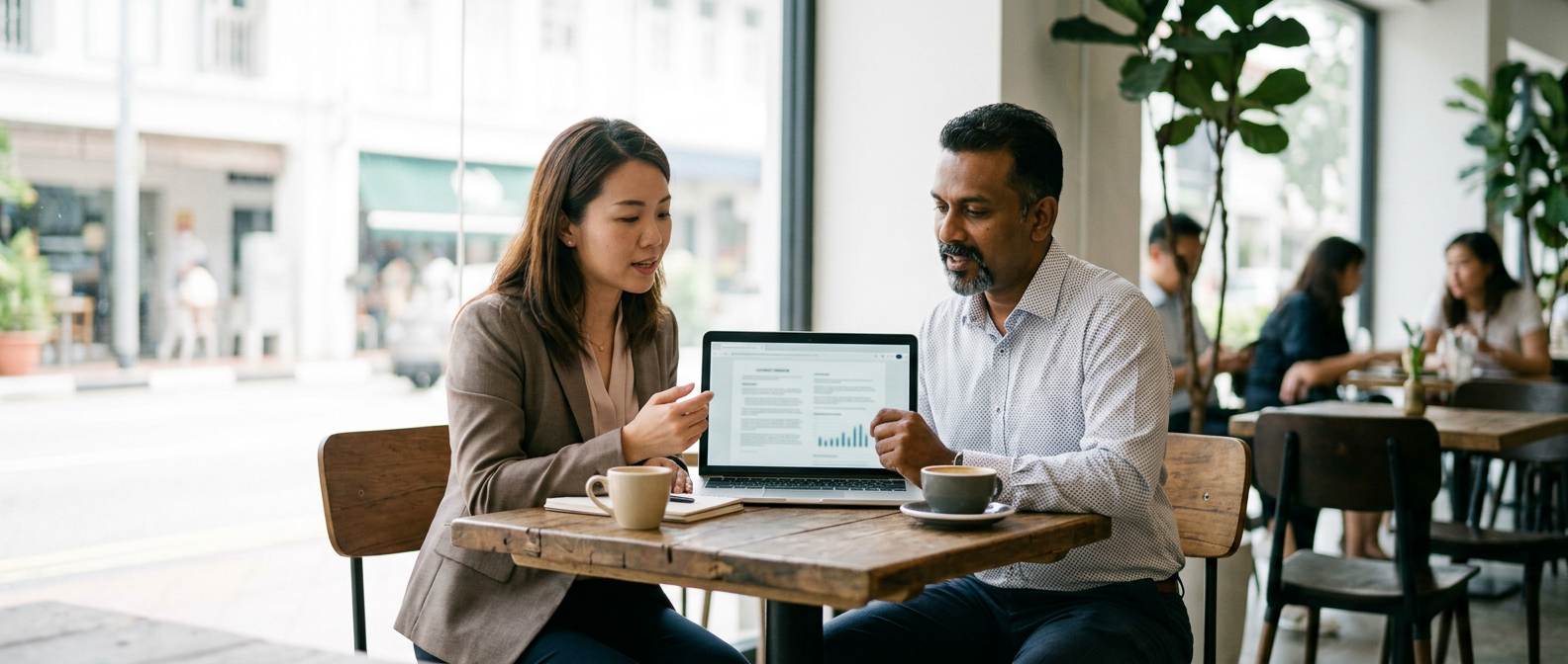 A Zelix consultant walking a client through pricing and scope at a Singapore café