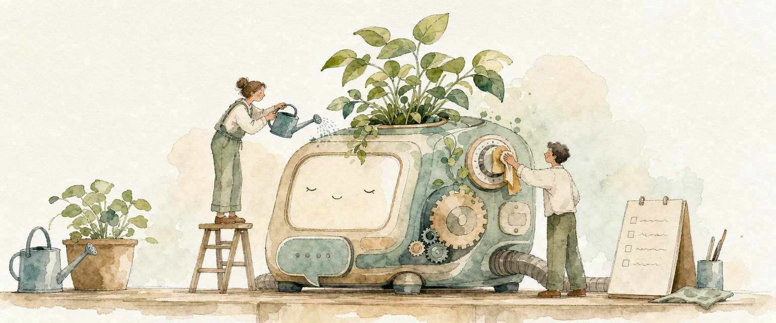 Watercolour illustration of helpers watering a plant growing from a friendly machine and polishing its dial
