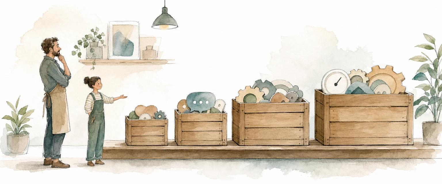 Watercolour illustration of four kit crates of increasing size on a shelf while a shop owner considers them