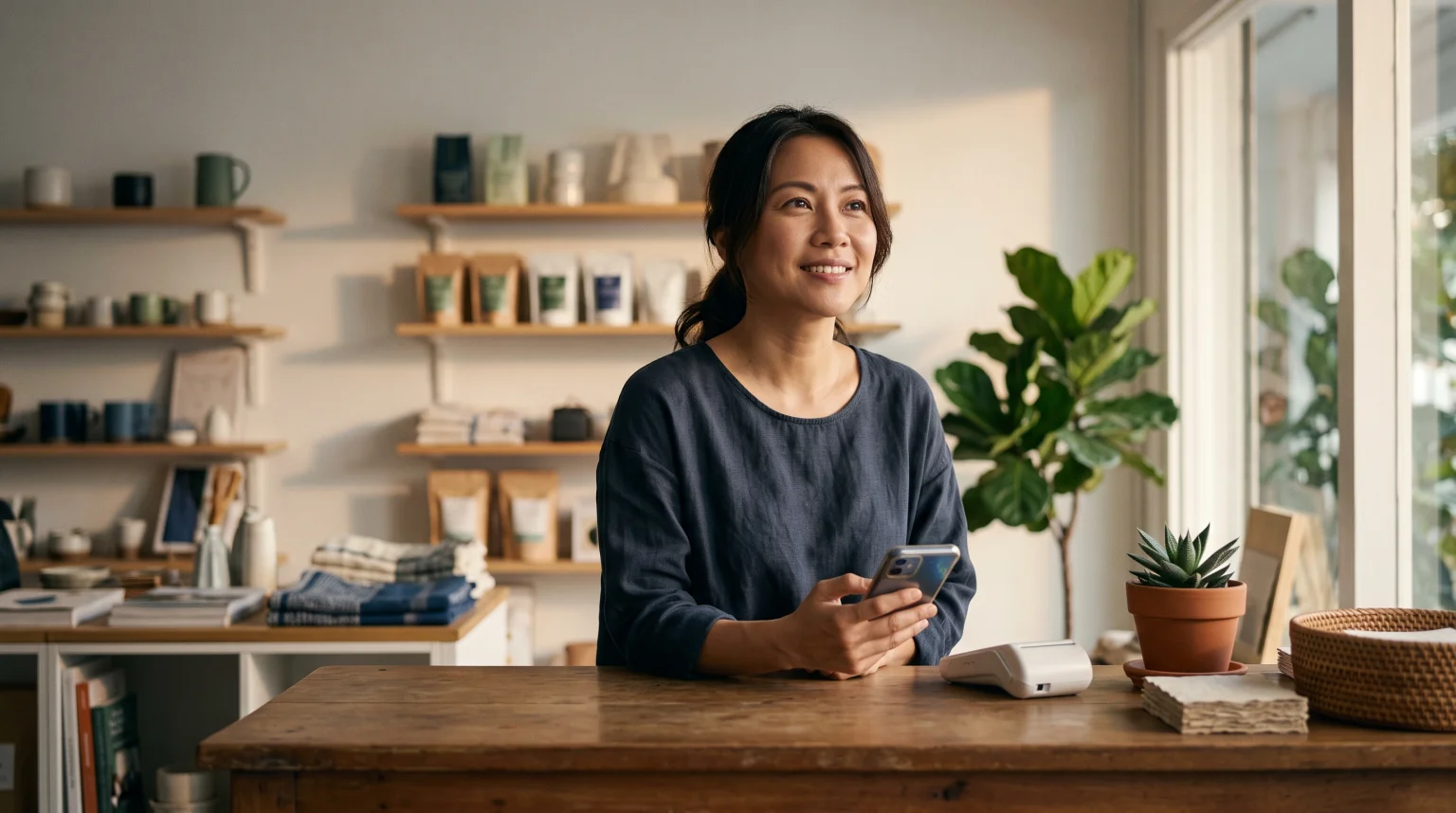 A Singapore small-business owner stands at her shop counter in warm light, glancing up from her phone with quiet assurance