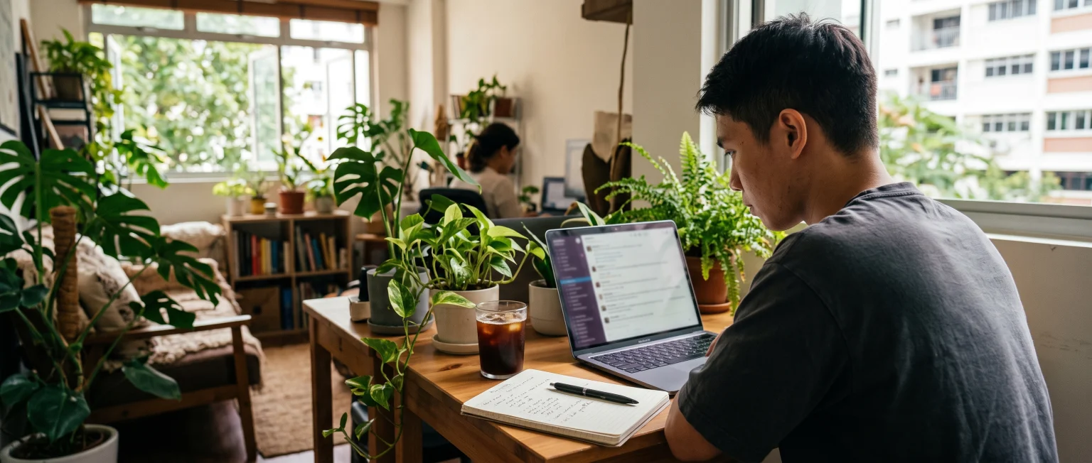 A young operator in a bright Singapore office reviews chat conversations on a laptop, a notebook beside them