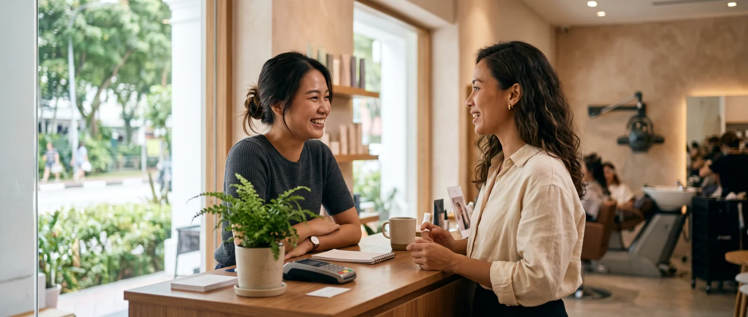 A salon receptionist in Singapore leans over the counter, smiling, helping a customer in person