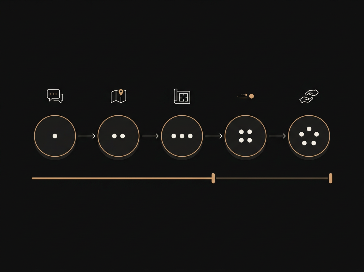 Diagram of the five-step engagement process: confidential scoping call, sensitivity mapping, architecture recommendation, pilot deployment, and production handover. Each step shown as a labelled circle along a horizontal timeline.