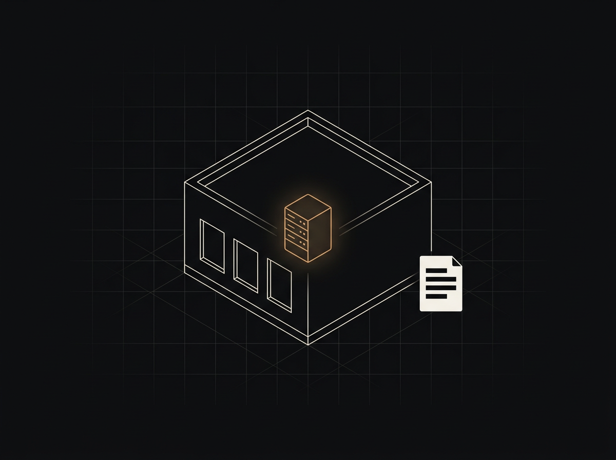 Vignette of a mid-sized law firm running an air-gapped private AI deployment. Source documents feed into a server contained inside the firm's own premises, with no external network route. Junior associates and a senior partner work from the same private machine.