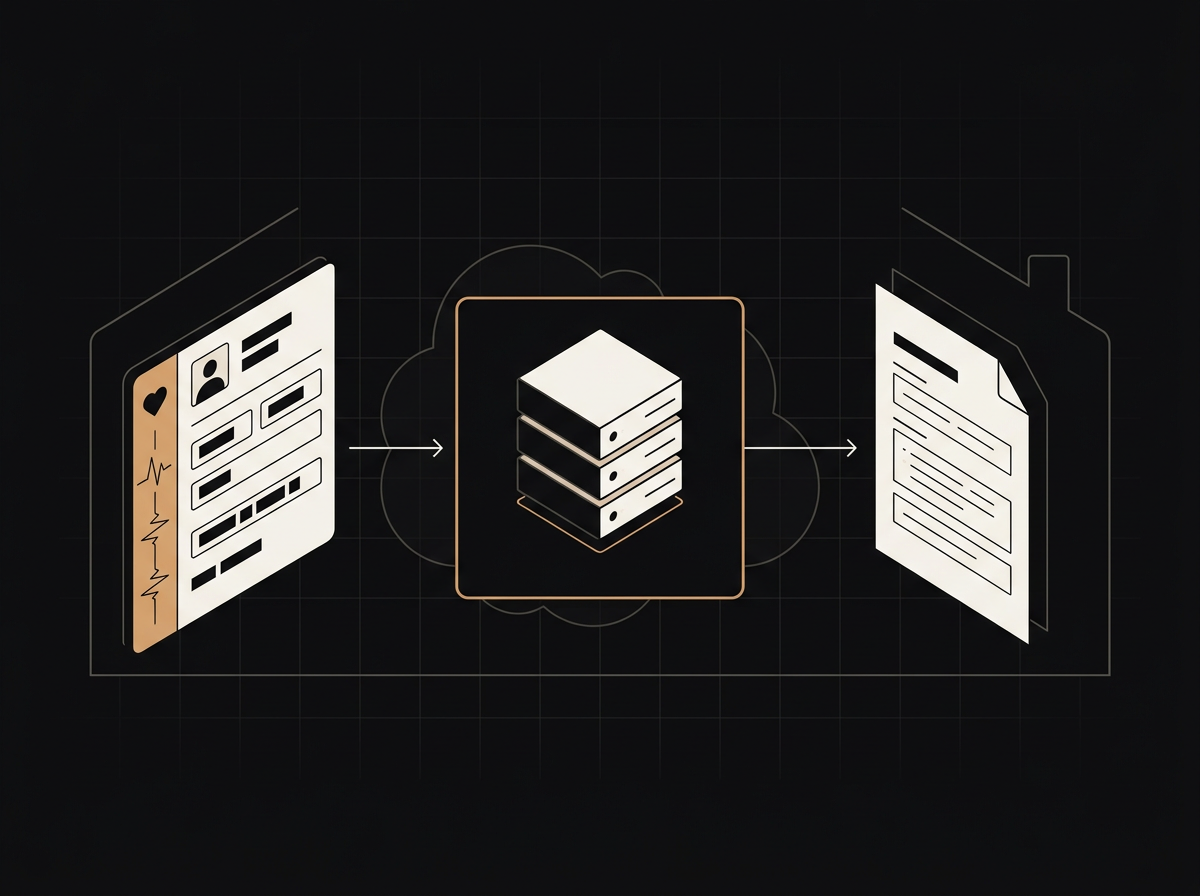 Vignette of a specialty clinic running clinical-notes AI inside a private Azure tenant under a Business Associate Agreement. A patient record on the left flows through a private cloud server in the middle and is returned as a structured clinical summary on the right, with the whole pipeline contained inside the clinic's tenant boundary.