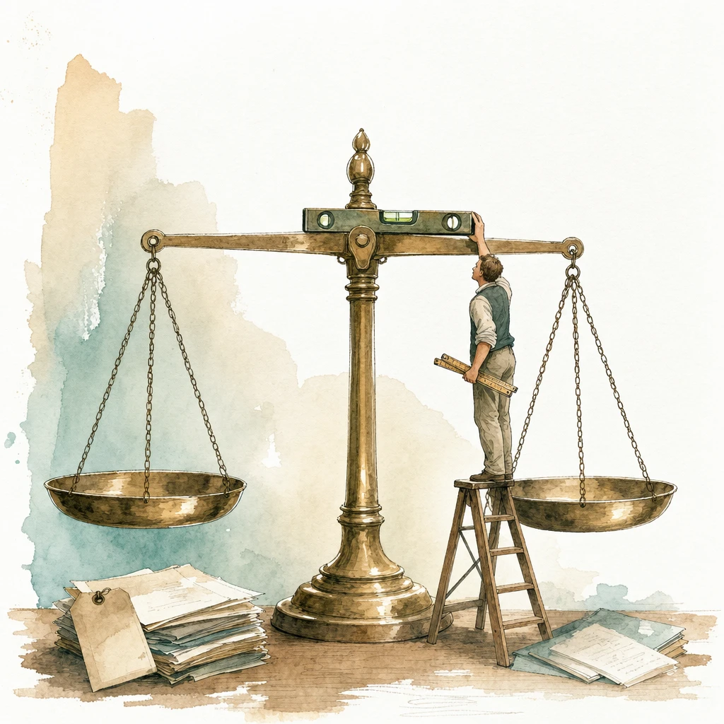 Watercolour illustration of a helper checking a balance scale beam with a spirit level