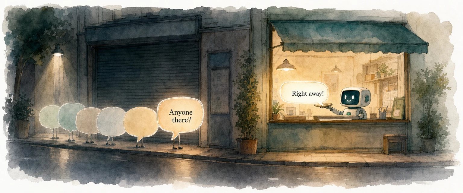 Watercolour illustration of two shopfronts at night, enquiries queueing at a closed shutter while an open lit window answers right away