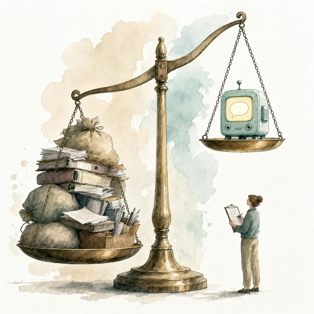Watercolour illustration of a brass balance scale weighed down by sacks and clutter on one side and lifted by a small friendly machine on the other