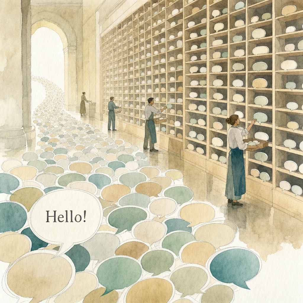 Watercolour illustration of a broad river of conversations being calmly sorted into a wall of pigeonholes