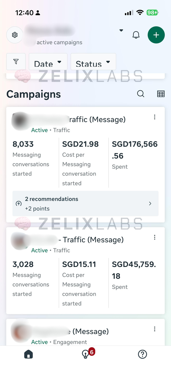 Meta Ads Manager click-to-WhatsApp spend, sample account showing SGD 1.2M+