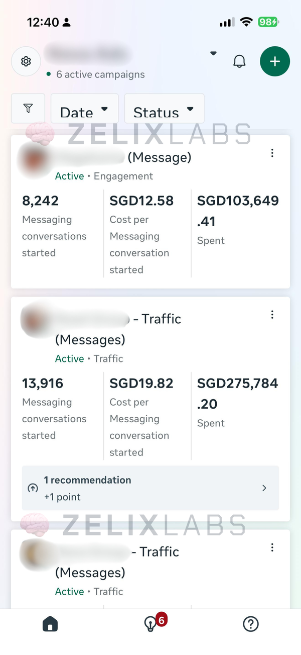 Meta Ads Manager click-to-WhatsApp spend, sample account