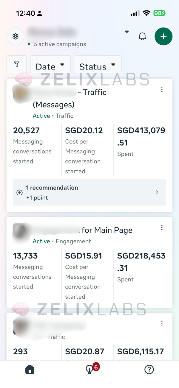 Meta Ads Manager click-to-WhatsApp spend, sample account