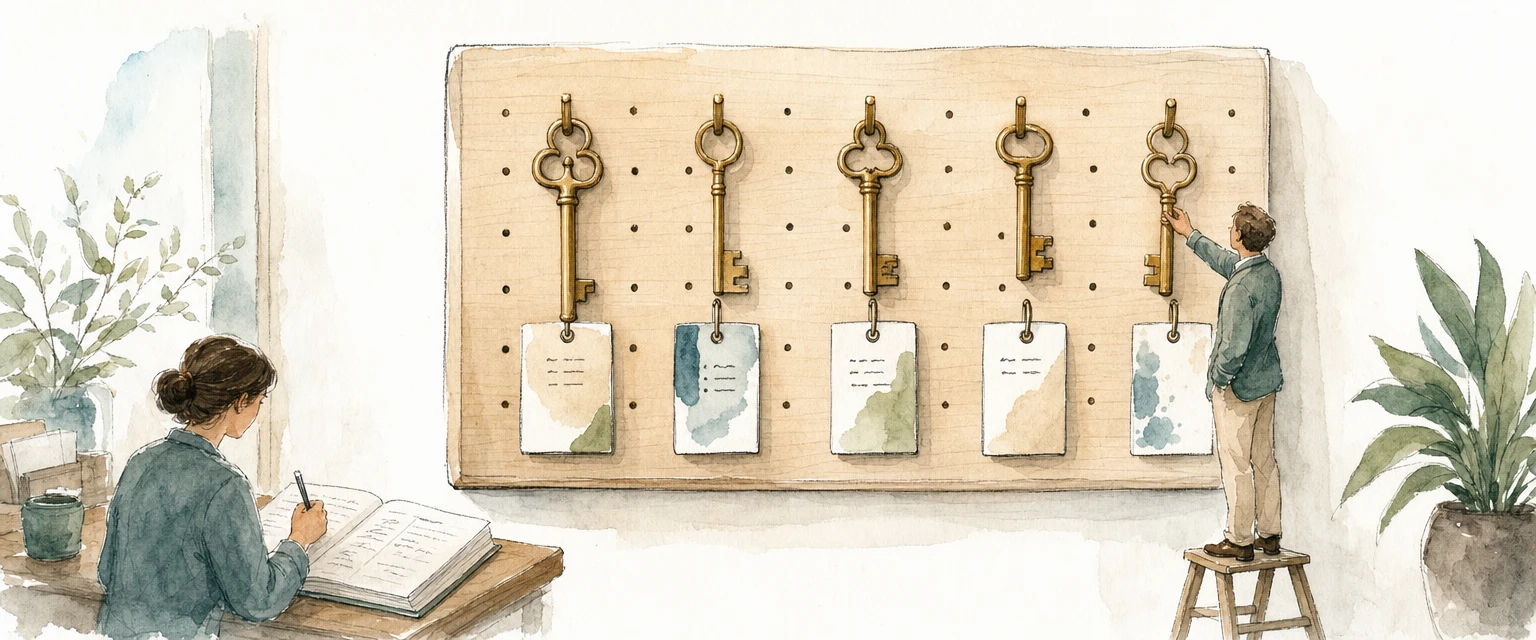 Watercolour illustration of a pegboard of named brass keys, one being returned and logged in a ledger