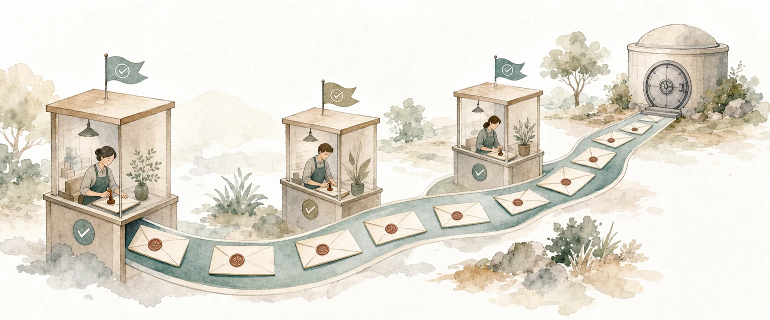 Watercolour illustration of sealed envelopes travelling through stamped checkpoint booths to a vault