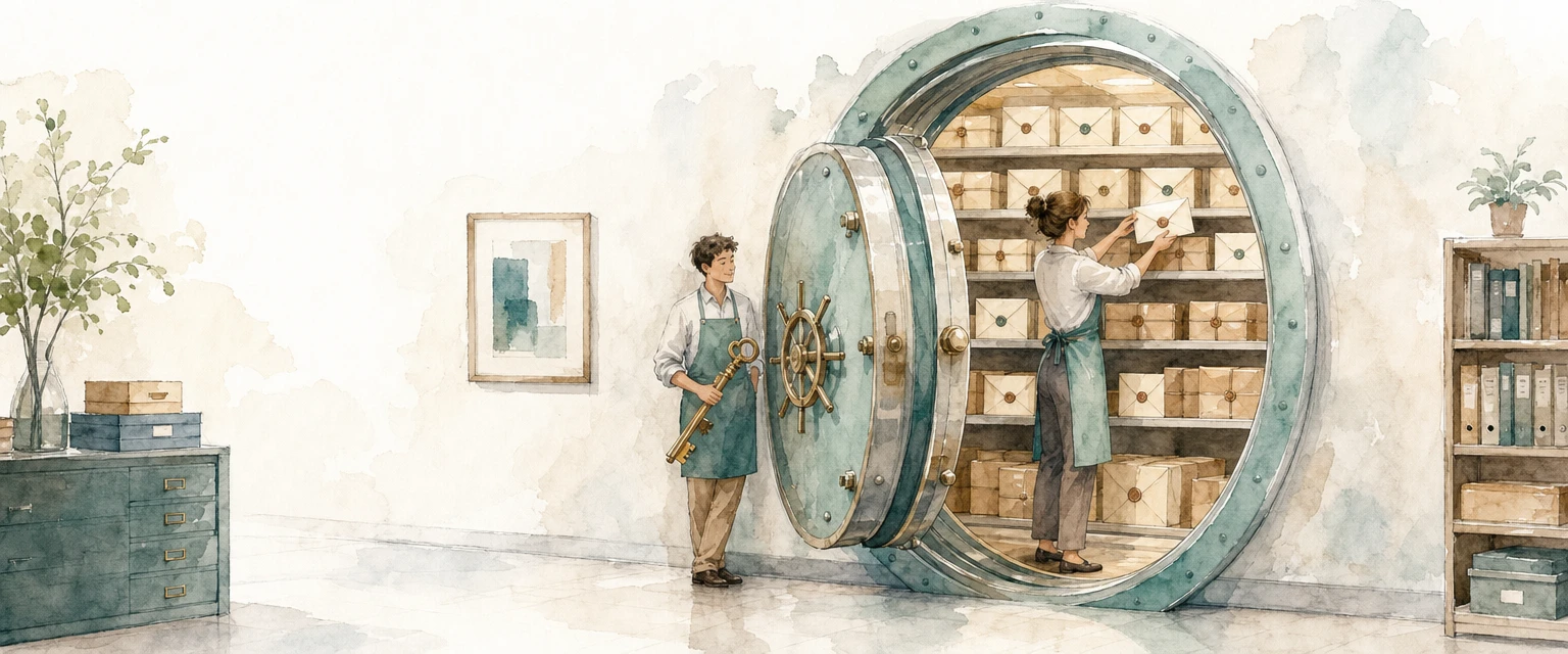Watercolour illustration of a tidy archive vault, one helper holding the key while another files a sealed envelope