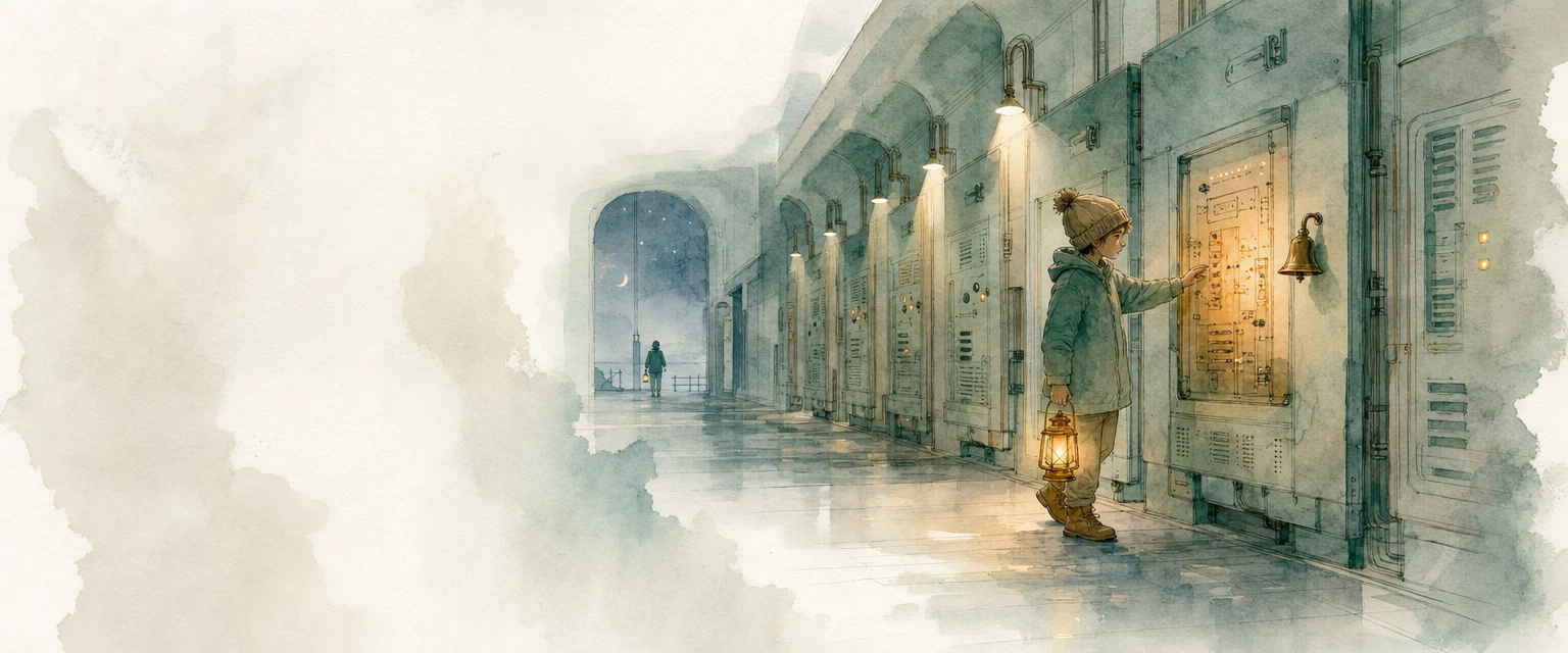 Watercolour illustration of a night watch helper with a lantern checking a softly glowing panel beside a wall bell