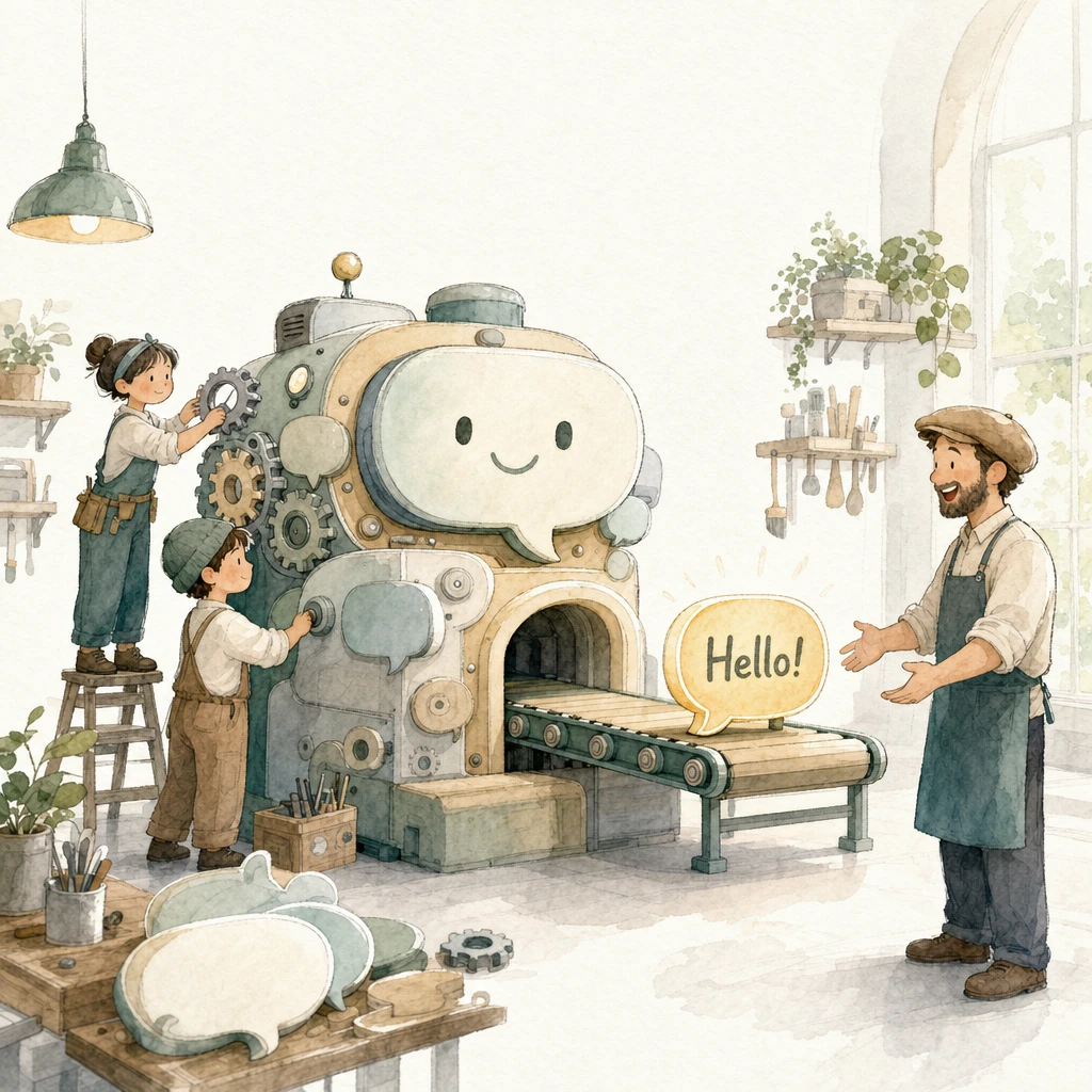 Watercolour illustration of craftspeople assembling a friendly machine that hands a greeting to a shop owner