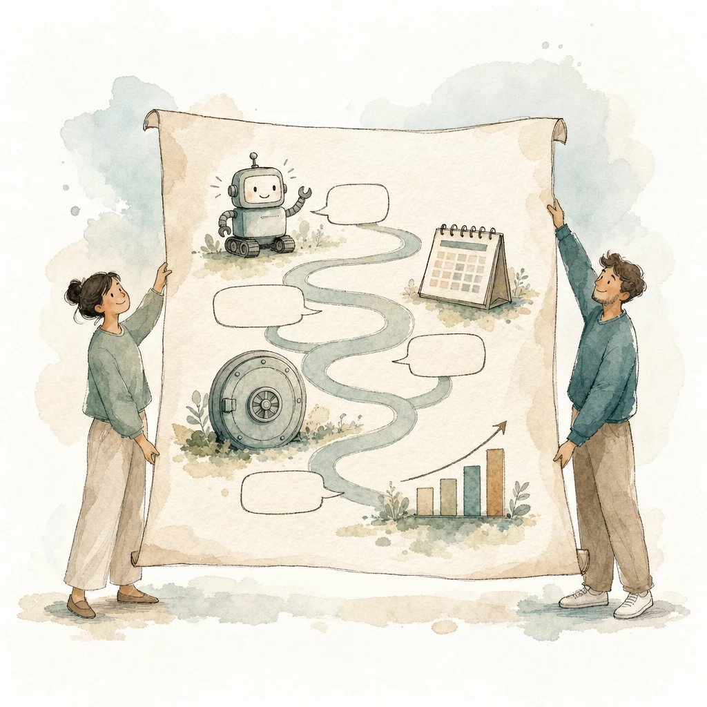 Watercolour illustration of two helpers holding one large sheet painted with the whole journey in miniature