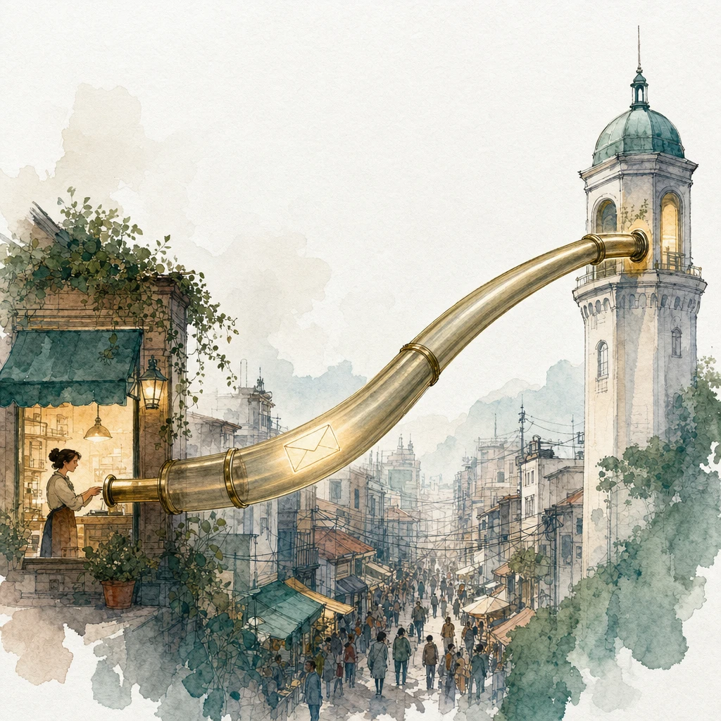 Watercolour illustration of a signal envelope travelling a private brass tube straight from a shopfront to a receiving tower, over a crowded public street