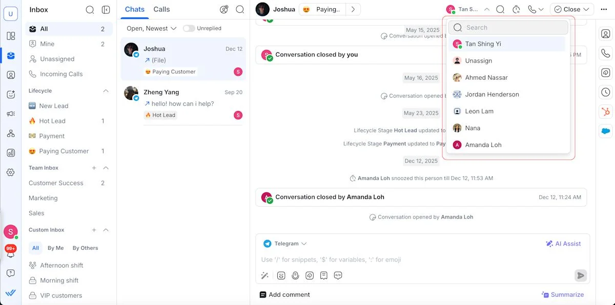 The Assignment dropdown at the top right of the respond.io inbox, listing teammates to assign