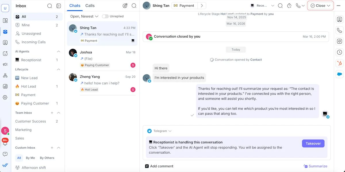 The Close button next to the Assignment dropdown at the top of a respond.io conversation
