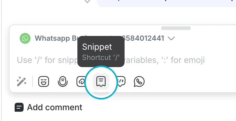 respond.io message bar with the snippet icon circled, tooltip reads Snippet, shortcut /