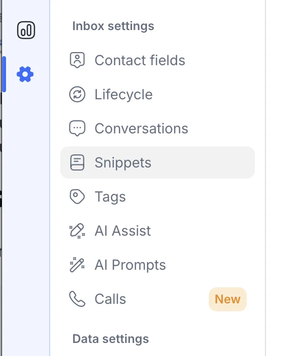 respond.io settings sidebar with Snippets highlighted under Inbox settings
