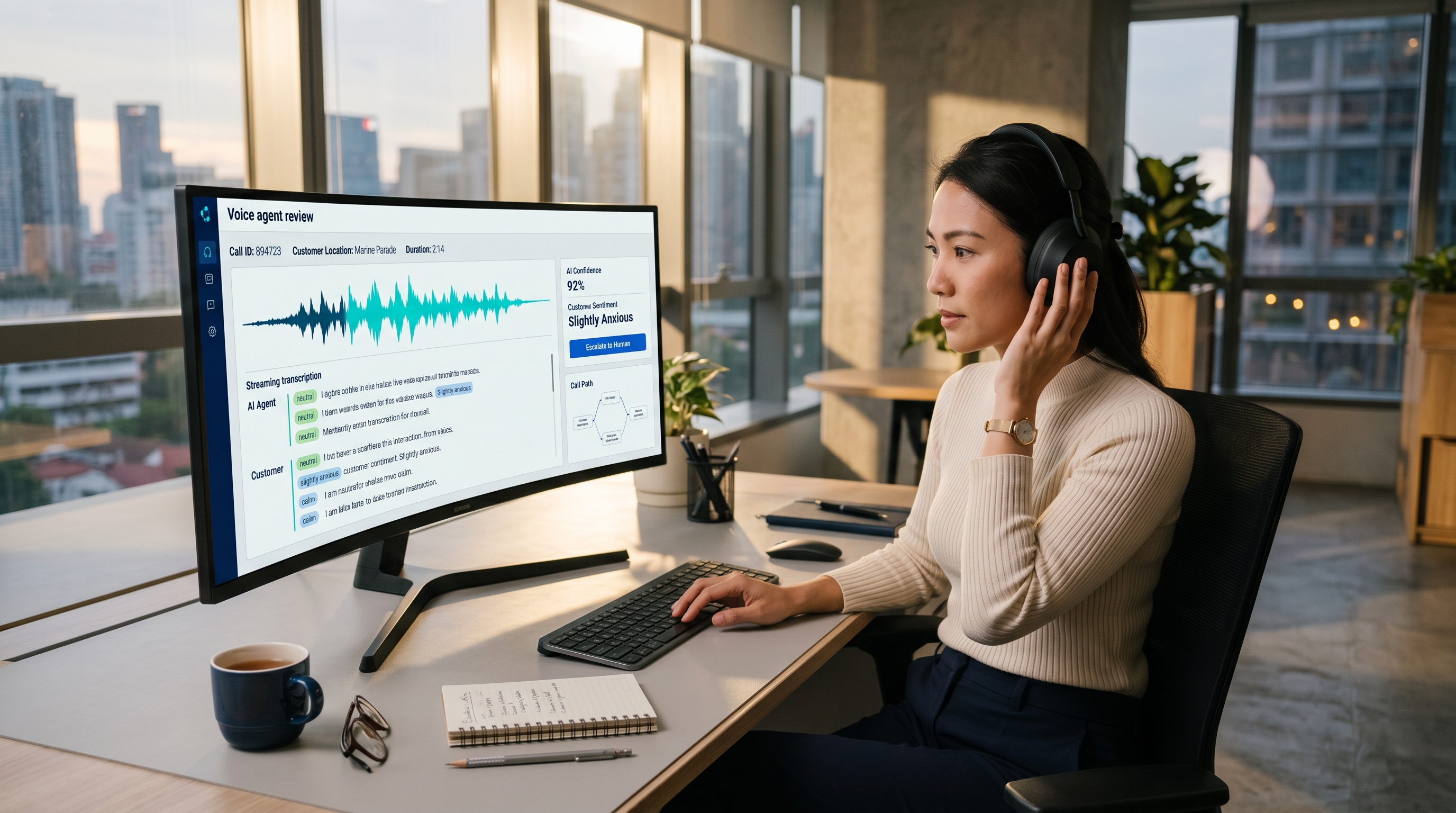 A multi-outlet operator monitoring a live AI voice agent handling an inbound call, with transcript and waveform visible on screen