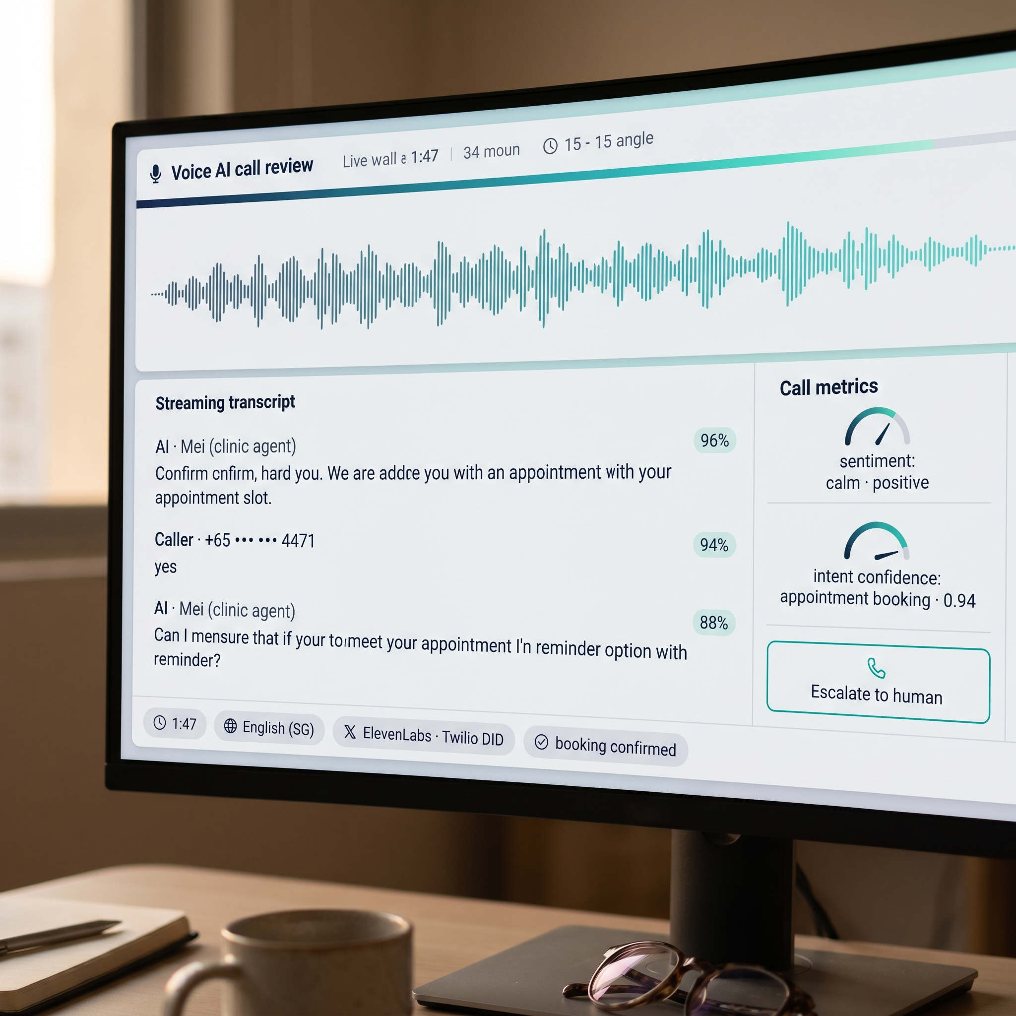 Close-up of a voice AI call review screen showing live transcript, waveform, sentiment markers, and escalation triggers
