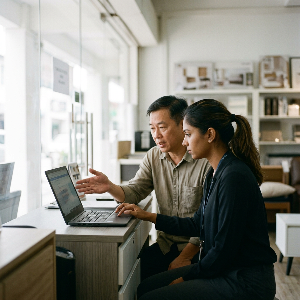 A Zelix implementor working alongside a client inside their showroom, both looking at a CRM on a laptop