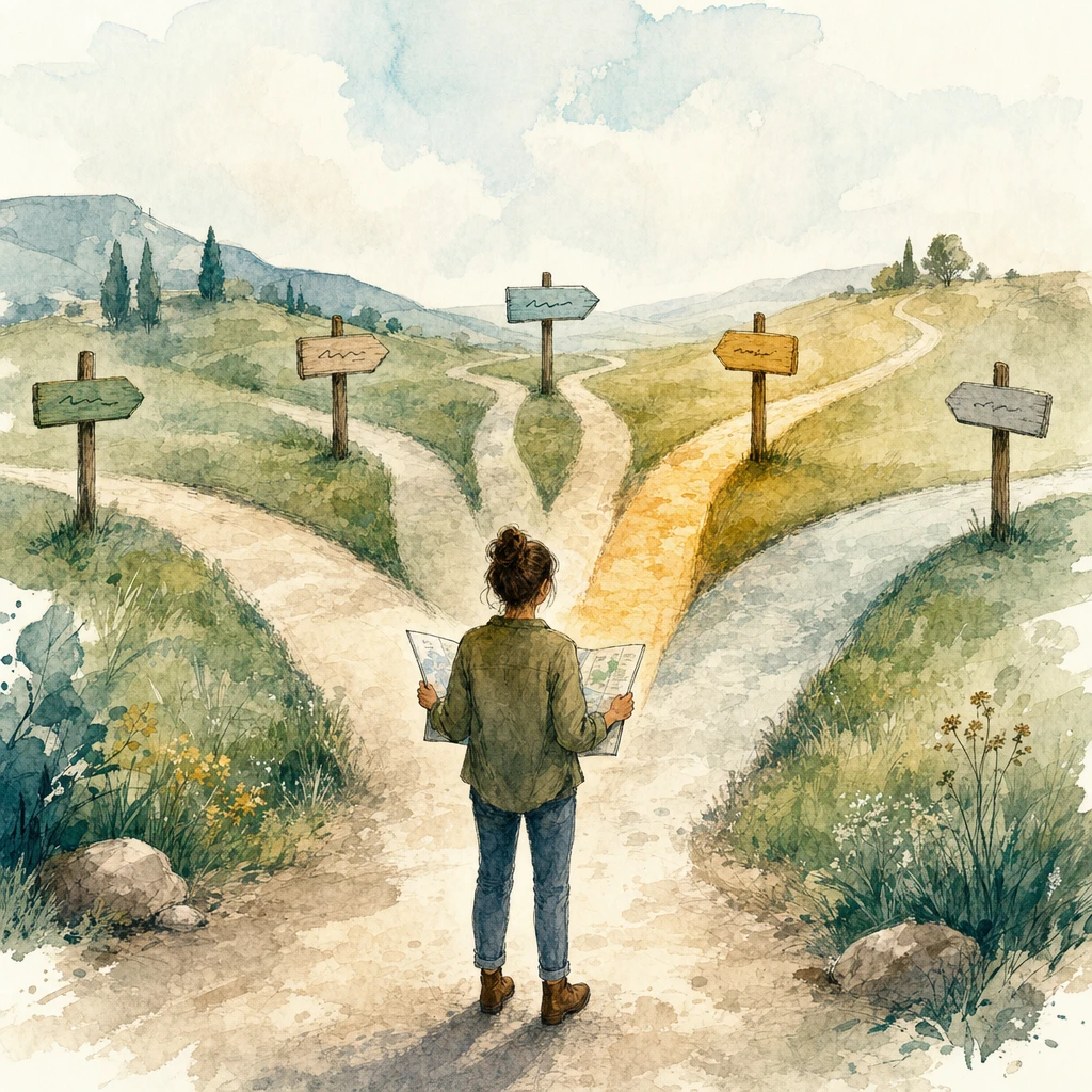 Watercolour illustration of a business owner at a crossroads of five signposted paths, one glowing slightly warmer