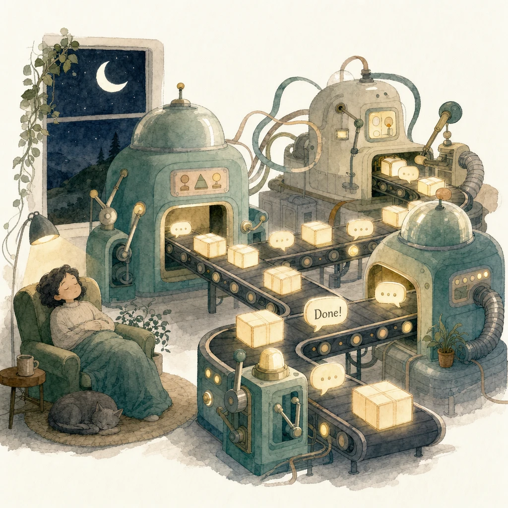 Watercolour illustration of a small workshop running by itself at night while its keeper sleeps in an armchair